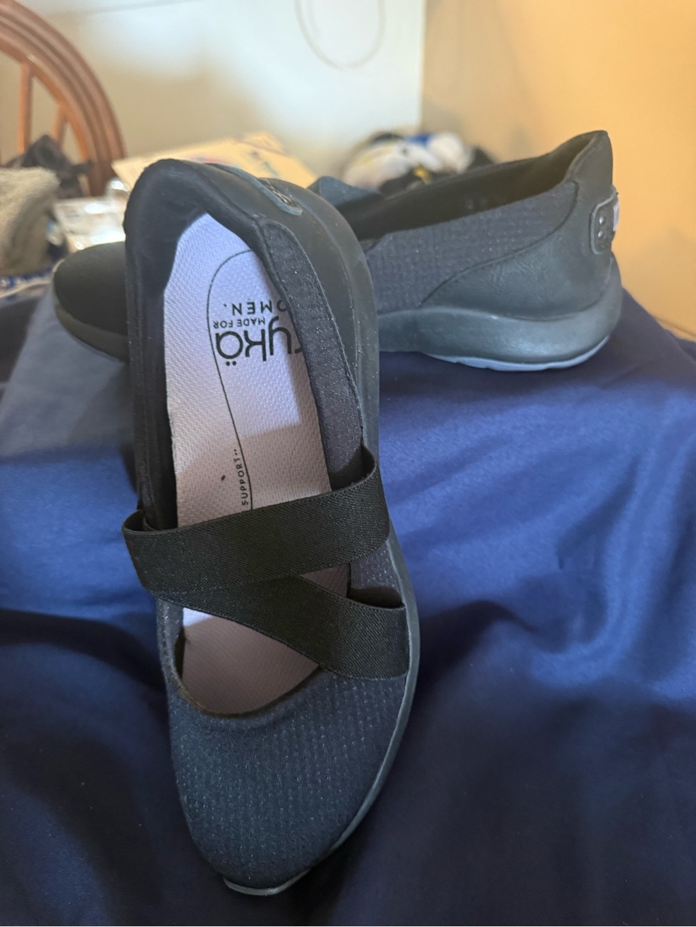 Ryka Olive Black Cross-Strap Slip-On Flats